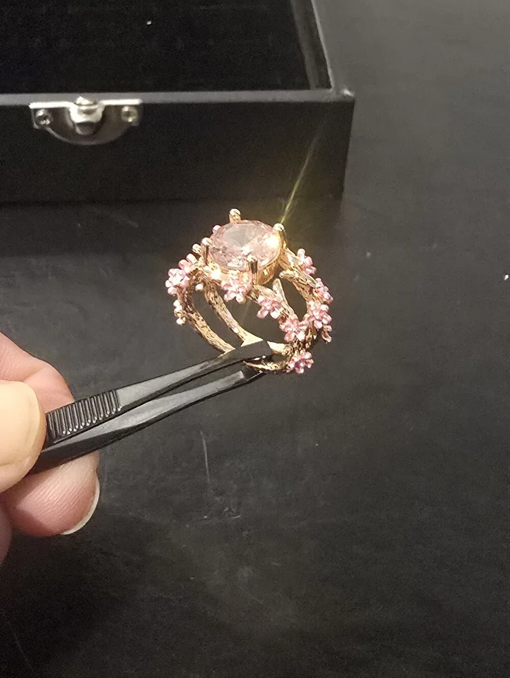 Pink Crystal Cherry Blossom Branch Ring Rose Gold Plated Flower Size 7
